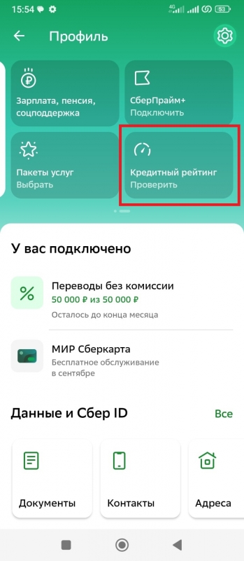 Кредитный рейтинг Сбербанк в приложении на телефоне