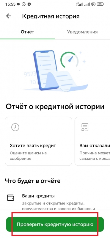 Кредитный рейтинг Сбербанк в приложении на телефоне